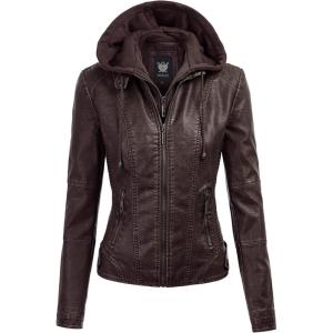 imageLock and Love Womens Faux Leather Moto Biker Jacket Coat with Removable or NonRemovable HoodWjc1044coffee