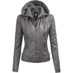 imageLock and Love Womens Faux Leather Moto Biker Jacket Coat with Removable or NonRemovable HoodWjc1044grey