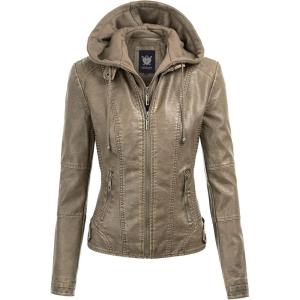 imageLock and Love Womens Faux Leather Moto Biker Jacket Coat with Removable or NonRemovable HoodWjc1044khaki