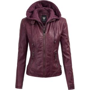 imageLock and Love Womens Faux Leather Moto Biker Jacket Coat with Removable or NonRemovable HoodWjc1044wine
