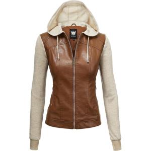 imageLock and Love Womens Faux Leather Moto Biker Jacket Coat with Removable or NonRemovable HoodWjc1347cameloatmeal