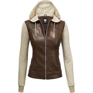 imageLock and Love Womens Faux Leather Moto Biker Jacket Coat with Removable or NonRemovable HoodWjc1347coffeeoatmeal