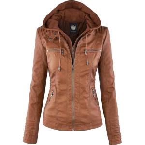 imageLock and Love Womens Faux Leather Moto Biker Jacket Coat with Removable or NonRemovable HoodWjc663camel
