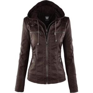 imageLock and Love Womens Faux Leather Moto Biker Jacket Coat with Removable or NonRemovable HoodWjc663coffeeAshbrown