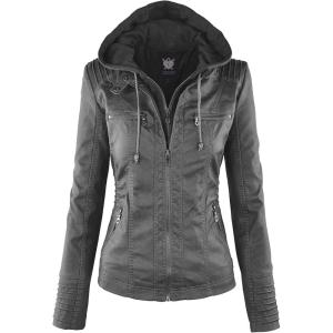 imageLock and Love Womens Faux Leather Moto Biker Jacket Coat with Removable or NonRemovable HoodWjc663grey
