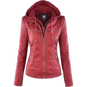 imageLock and Love Womens Faux Leather Moto Biker Jacket Coat with Removable or NonRemovable HoodWjc663red