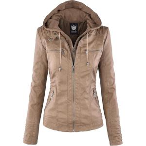 imageLock and Love Womens Faux Leather Moto Biker Jacket Coat with Removable or NonRemovable HoodWjc663taupe