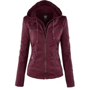 imageLock and Love Womens Faux Leather Moto Biker Jacket Coat with Removable or NonRemovable HoodWjc663wine