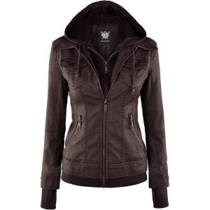 imageLock and Love Womens Faux Leather Moto Biker Jacket Coat with Removable or NonRemovable HoodWjc664coffeeAshbrown