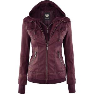 imageLock and Love Womens Faux Leather Moto Biker Jacket Coat with Removable or NonRemovable HoodWjc664wine