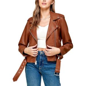 imageLock and Love Slim Fit Stylish Vegan Leather Moto Jacket for Women  PU Biker Motorcycle CoatWjc1849camel