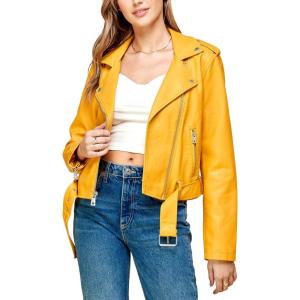 imageLock and Love Slim Fit Stylish Vegan Leather Moto Jacket for Women  PU Biker Motorcycle CoatWjc1849mustard