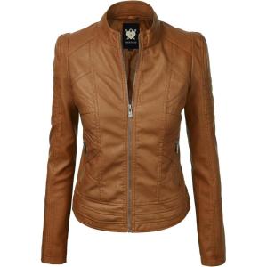 imageLock and Love Slim Fit Stylish Vegan Leather Moto Jacket for Women  PU Biker Motorcycle CoatWjc746camel