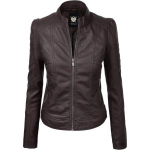 imageLock and Love Slim Fit Stylish Vegan Leather Moto Jacket for Women  PU Biker Motorcycle CoatWjc746coffee