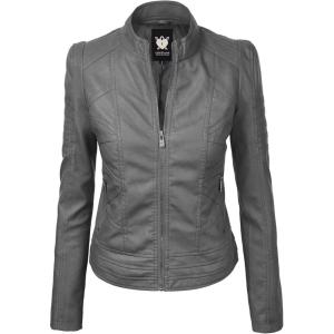 imageLock and Love Slim Fit Stylish Vegan Leather Moto Jacket for Women  PU Biker Motorcycle CoatWjc746grey