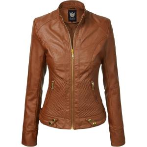 imageLock and Love Slim Fit Stylish Vegan Leather Moto Jacket for Women  PU Biker Motorcycle CoatWjc747camel