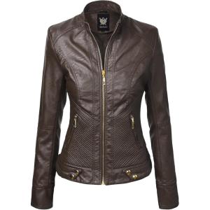 imageLock and Love Slim Fit Stylish Vegan Leather Moto Jacket for Women  PU Biker Motorcycle CoatWjc747coffee