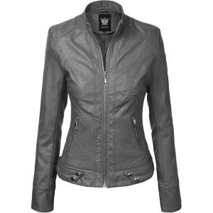 imageLock and Love Slim Fit Stylish Vegan Leather Moto Jacket for Women  PU Biker Motorcycle CoatWjc747grey