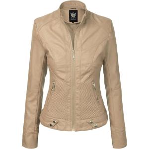 imageLock and Love Slim Fit Stylish Vegan Leather Moto Jacket for Women  PU Biker Motorcycle CoatWjc747khaki