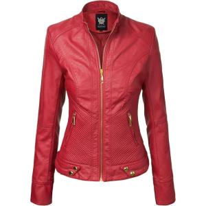 imageLock and Love Slim Fit Stylish Vegan Leather Moto Jacket for Women  PU Biker Motorcycle CoatWjc747red