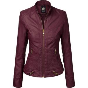 imageLock and Love Slim Fit Stylish Vegan Leather Moto Jacket for Women  PU Biker Motorcycle CoatWjc747wine