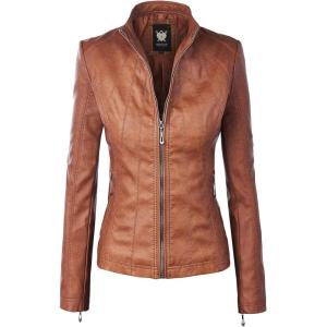 imageLock and Love Slim Fit Stylish Vegan Leather Moto Jacket for Women  PU Biker Motorcycle CoatWjc877camel