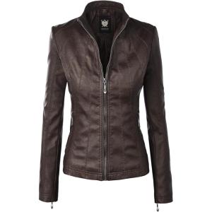 imageLock and Love Slim Fit Stylish Vegan Leather Moto Jacket for Women  PU Biker Motorcycle CoatWjc877coffee