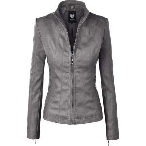 imageLock and Love Slim Fit Stylish Vegan Leather Moto Jacket for Women  PU Biker Motorcycle CoatWjc877grey
