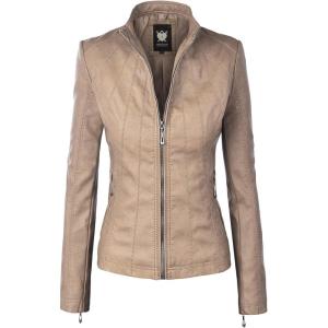 imageLock and Love Slim Fit Stylish Vegan Leather Moto Jacket for Women  PU Biker Motorcycle CoatWjc877khaki