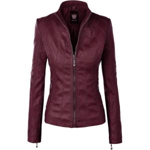 imageLock and Love Slim Fit Stylish Vegan Leather Moto Jacket for Women  PU Biker Motorcycle CoatWjc877wine