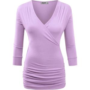 imageLL WT1255 Womens Deep V Neck 34 Sleeve Slim Fitted TShirt Casual Cross Surplice Wrap Tops XXXL Lilac