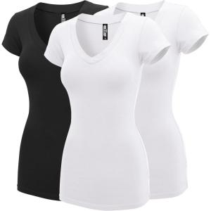 imageLock and Love Womens Basic Slim Fitted Short Sleeve Casual V Neck Cotton T ShirtWt1606blk2 White