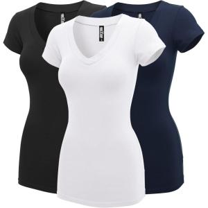 imageLock and Love Womens Basic Slim Fitted Short Sleeve Casual V Neck Cotton T ShirtWt1606blkwhtnavy