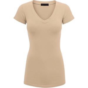 imageLock and Love Womens Basic Slim Fitted Short Sleeve Casual V Neck Cotton T ShirtWt1606khaki