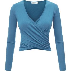 imageLock and Love Womens Premium ShortLong Sleeve Deep V Neck Slim fit Cross Wrap Crop top ShirtMade in USAWt1482denim