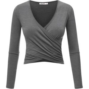 imageLock and Love Womens Premium ShortLong Sleeve Deep V Neck Slim fit Cross Wrap Crop top ShirtMade in USAWt1482hdg