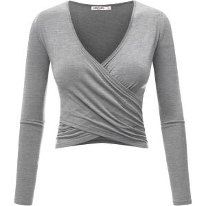 imageLock and Love Womens Premium ShortLong Sleeve Deep V Neck Slim fit Cross Wrap Crop top ShirtMade in USAWt1482heathergrey