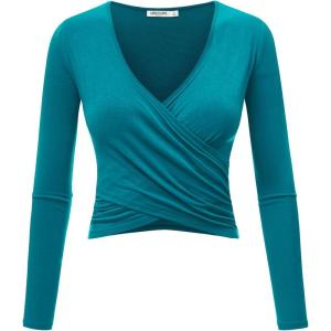 imageLock and Love Womens Premium ShortLong Sleeve Deep V Neck Slim fit Cross Wrap Crop top ShirtMade in USAWt1482jade