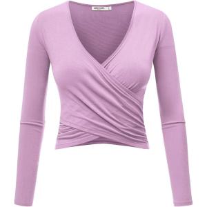 imageLock and Love Womens Premium ShortLong Sleeve Deep V Neck Slim fit Cross Wrap Crop top ShirtMade in USAWt1482lilac