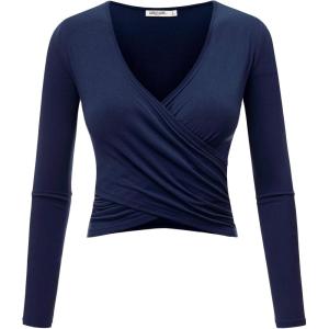 imageLock and Love Womens Premium ShortLong Sleeve Deep V Neck Slim fit Cross Wrap Crop top ShirtMade in USAWt1482navy
