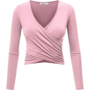 imageLock and Love Womens Premium ShortLong Sleeve Deep V Neck Slim fit Cross Wrap Crop top ShirtMade in USAWt1482pink