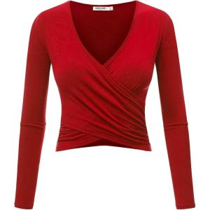 imageLock and Love Womens Premium ShortLong Sleeve Deep V Neck Slim fit Cross Wrap Crop top ShirtMade in USAWt1482red
