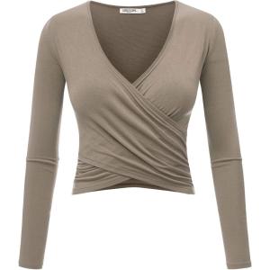 imageLock and Love Womens Premium ShortLong Sleeve Deep V Neck Slim fit Cross Wrap Crop top ShirtMade in USAWt1482taupe