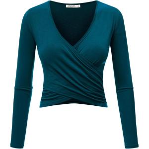 imageLock and Love Womens Premium ShortLong Sleeve Deep V Neck Slim fit Cross Wrap Crop top ShirtMade in USAWt1482teal