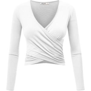 imageLock and Love Womens Premium ShortLong Sleeve Deep V Neck Slim fit Cross Wrap Crop top ShirtMade in USAWt1482white