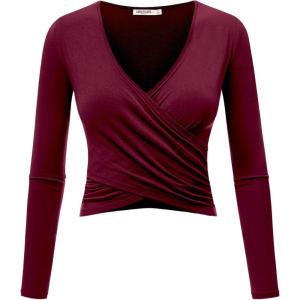 imageLock and Love Womens Premium ShortLong Sleeve Deep V Neck Slim fit Cross Wrap Crop top ShirtMade in USAWt1482wine